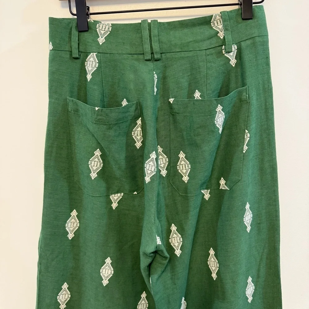 ZARA Linen embroidered green wide leg cropped Coolots
